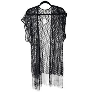 Cato Swim Cover Up Womens One Size Black Open Front Short Sleeve Fringe Trim